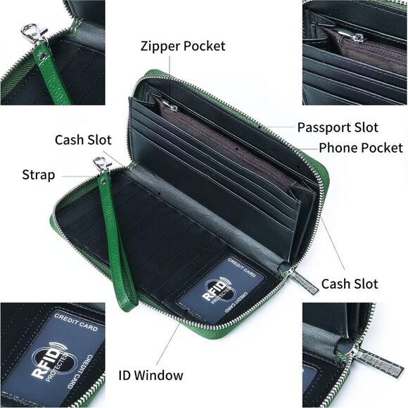 Women's Genuine Leather Wallet RFID Block Large Capacity Clutch Wristlet - Picture 3 of 6